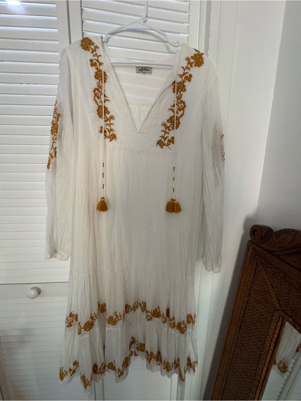 Arnhem Bohemian White Embroidered Midi Dress with Mustard Accents
